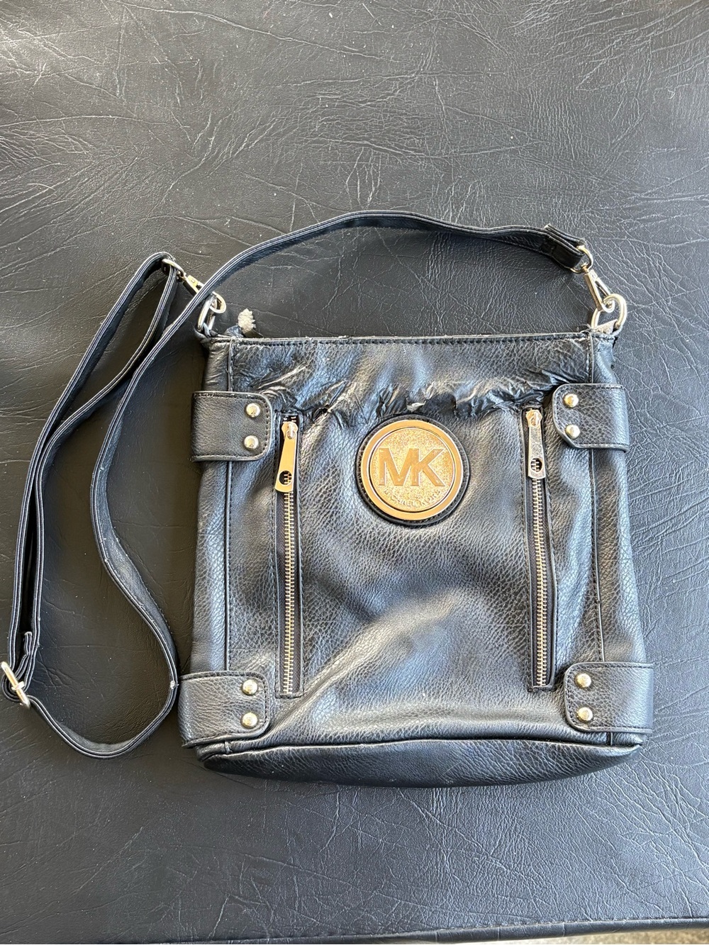 Michael Kors Black Crossbody Bag Gold MK Medallion Multi Zip Shoulder Purse